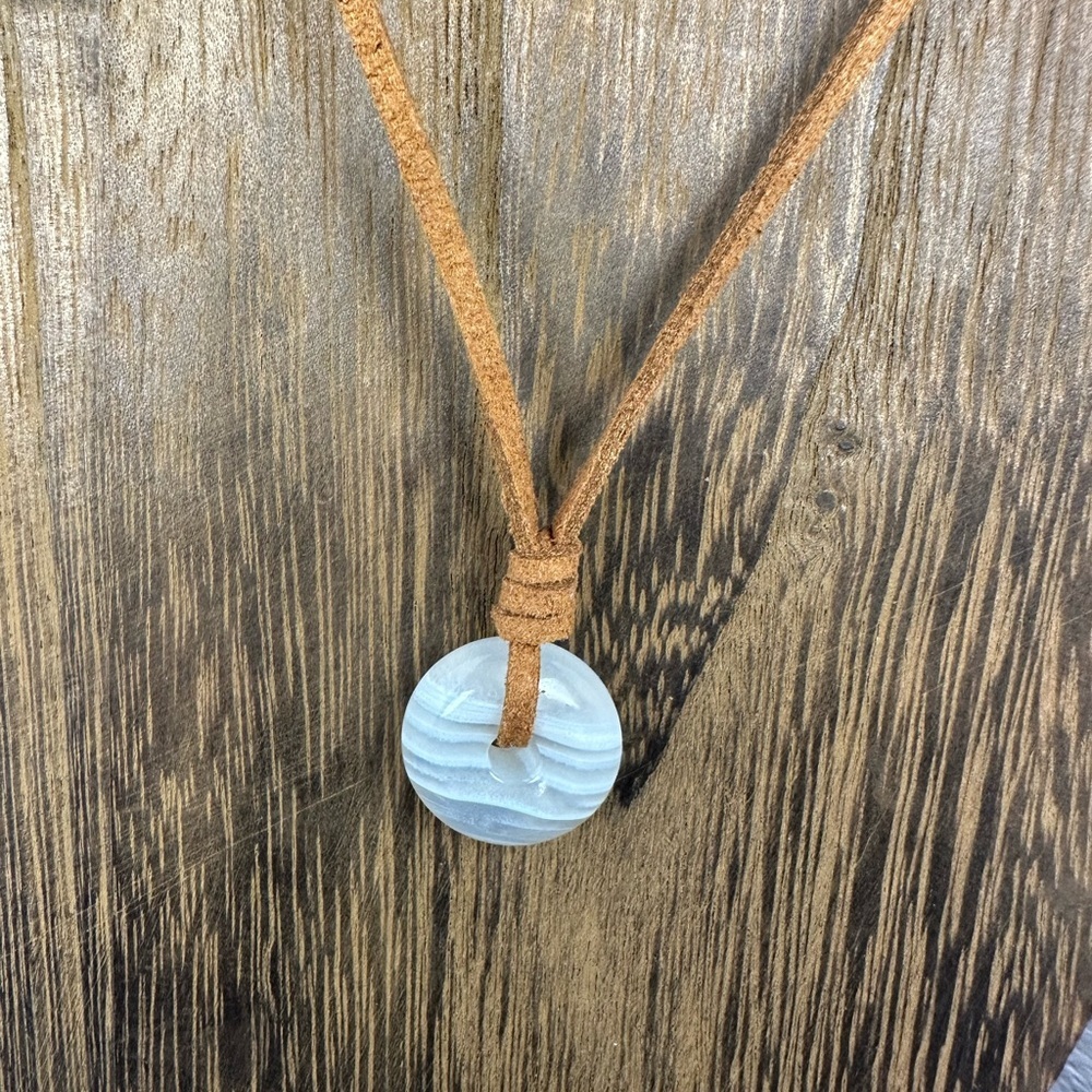 Small Banded White Agate Donut Pendant Necklace on Brown Suede - Picture 3 of 14